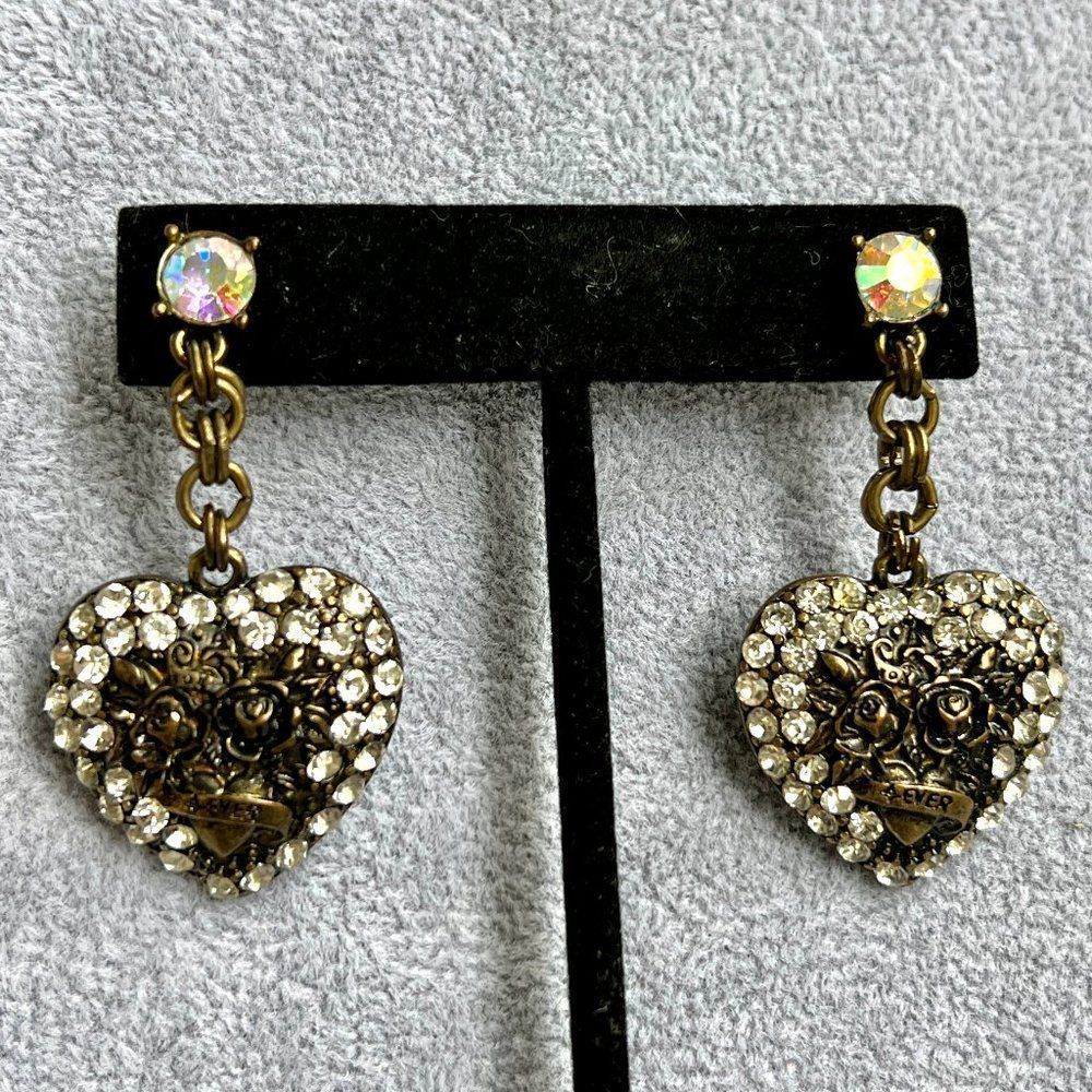 Betsey Johnson AB Crystal Bronze Rhinestone Heart Statement Drop Post Earrings